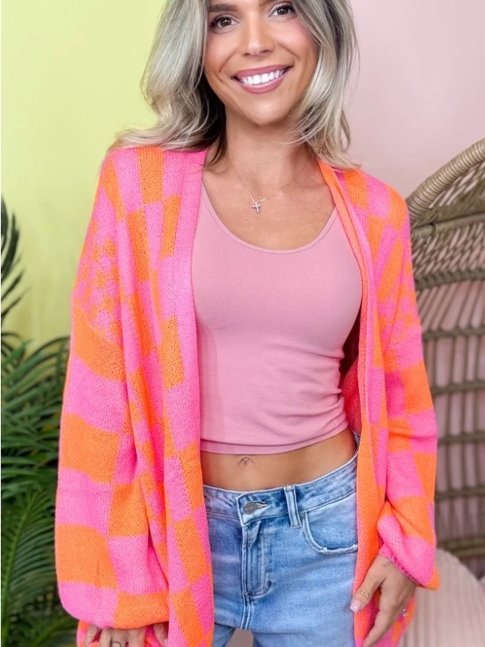 DAVI & DANI Pink and Orange Checkerboard Open Cardigan